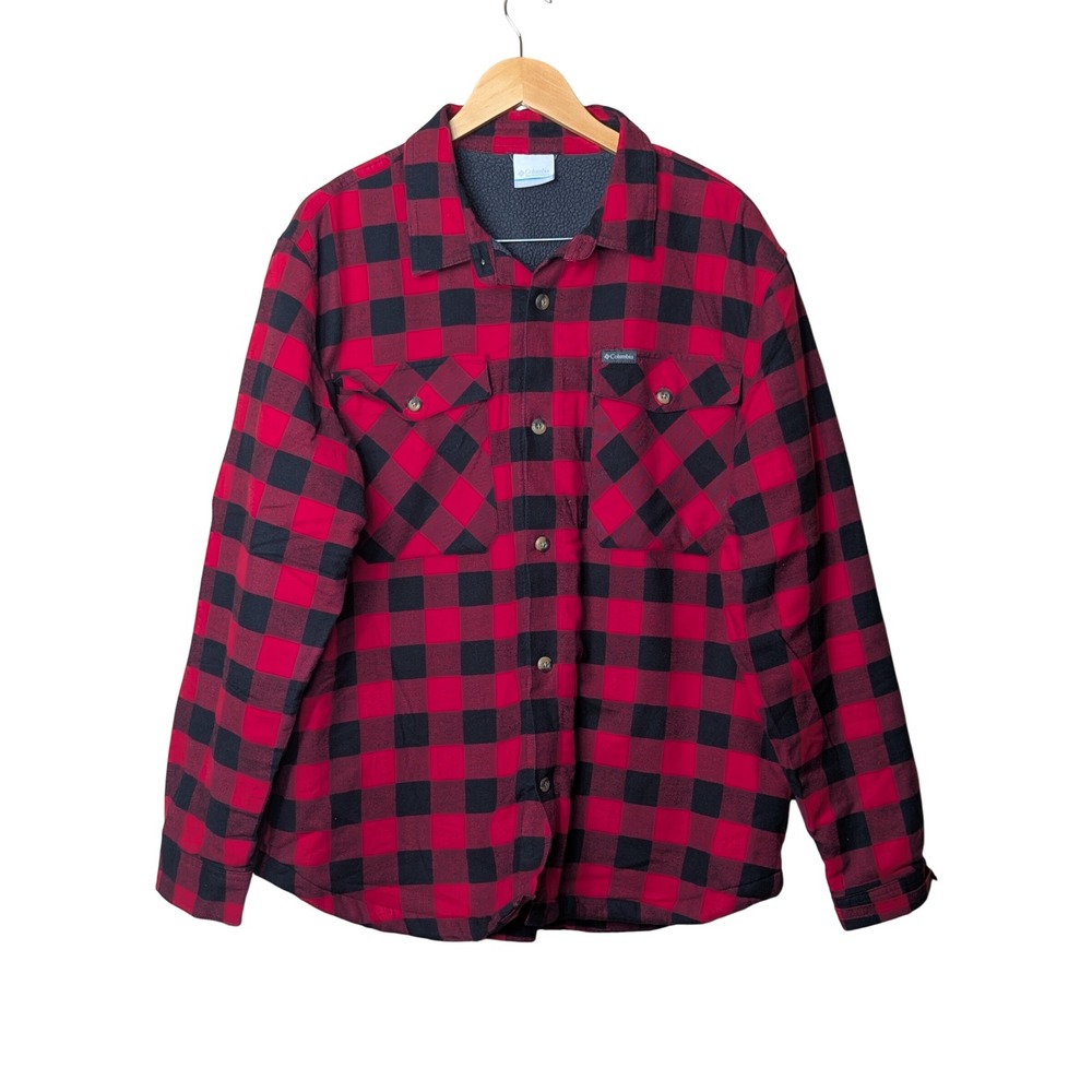Columbia Flannel Shirt Men XL Red Buffalo Plaid Fleece Lined XM8129 Regular Fit